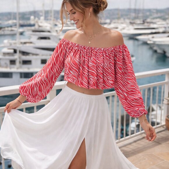 Michael Michael Kors Zebra Print Off Shoulder Blouse NWT Red White Resort S - Picture 5 of 10